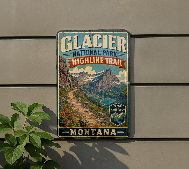 A vintage-style sign for Glacier National Park Highline Trail in Montana, featuring a scenic mountain landscape with a winding trail.