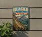 A vintage-style sign for Glacier National Park Highline Trail in Montana, featuring a scenic mountain landscape with a winding trail.