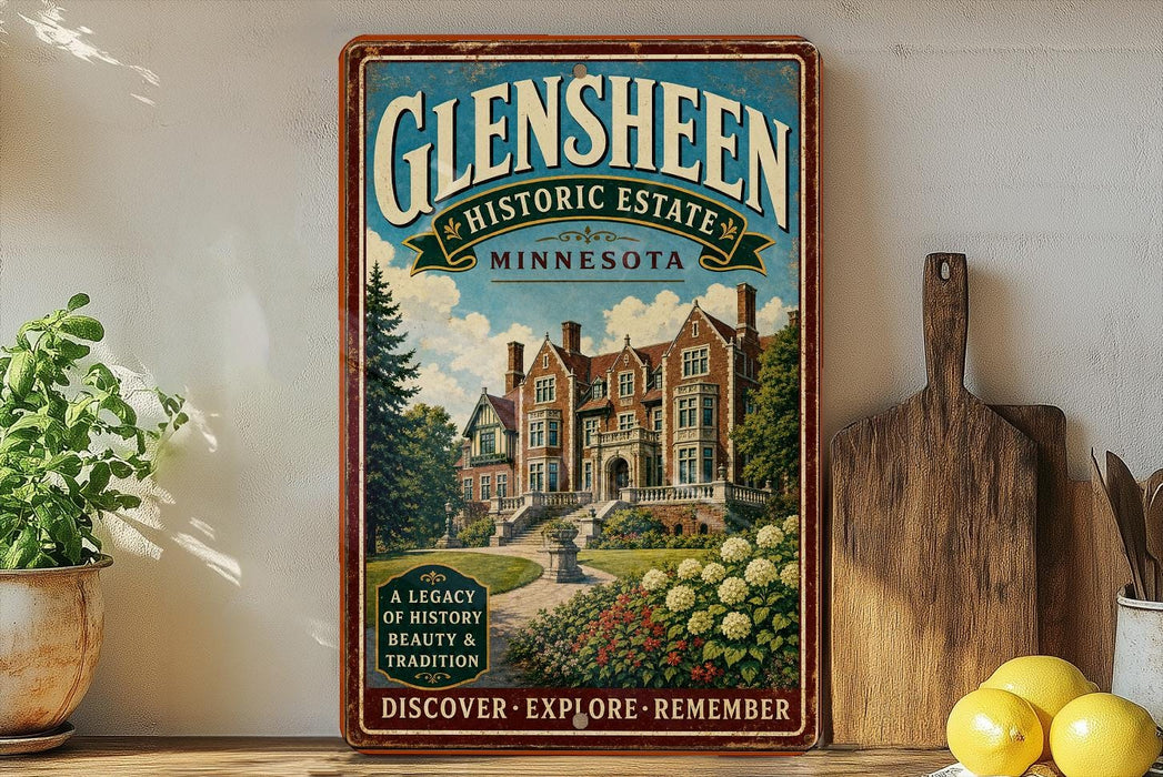 a vintage-style sign for Glensheen Historic Estate in Minnesota, with a large illustration of a historic building surrounded by a well-manicured garden. The sign is displayed on a shelf next to a wooden cutting board and a potted plant, creating a rustic and charming atmosphere.