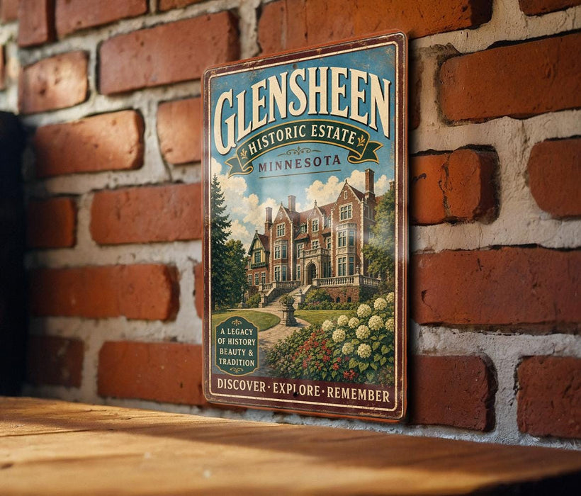 A vintage-style metal sign for Glensheen Historic Estate in Minnesota, featuring an illustration of a historic building surrounded by a garden.