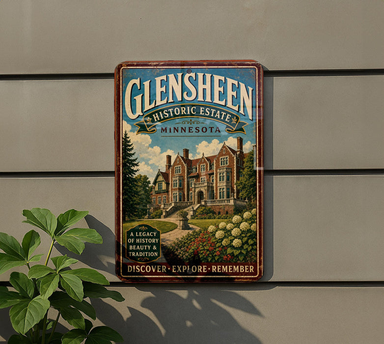 A vintage-style metal sign for Glensheen Historic Estate in Minnesota, featuring an illustration of a historic building surrounded by a garden.