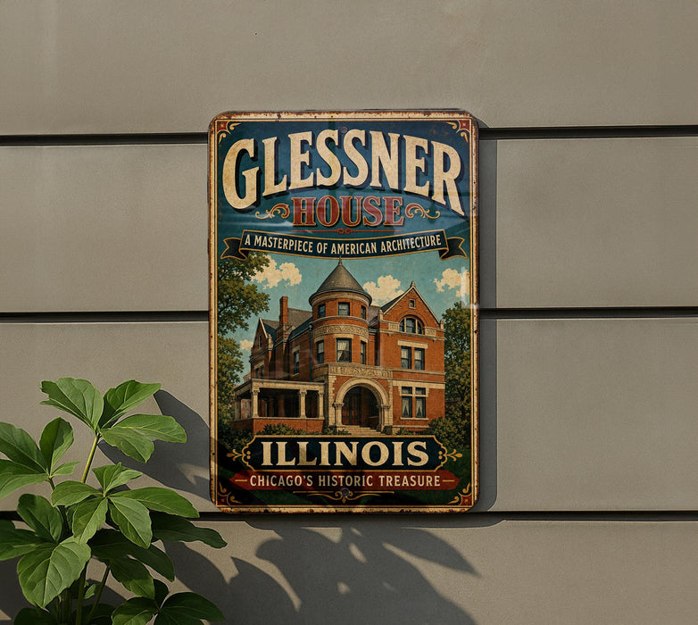 A vintage-style metal sign for the Glissner House in Illinois, featuring an illustration of the historic building and the text "A MASTERPIECE OF AMERICAN ARCHITECTURE" and "ILLINOIS CHICAGO'S HISTORIC TREASURE".