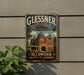 A vintage-style metal sign for the Glissner House in Illinois, featuring an illustration of the historic building and the text "A MASTERPIECE OF AMERICAN ARCHITECTURE" and "ILLINOIS CHICAGO'S HISTORIC TREASURE".