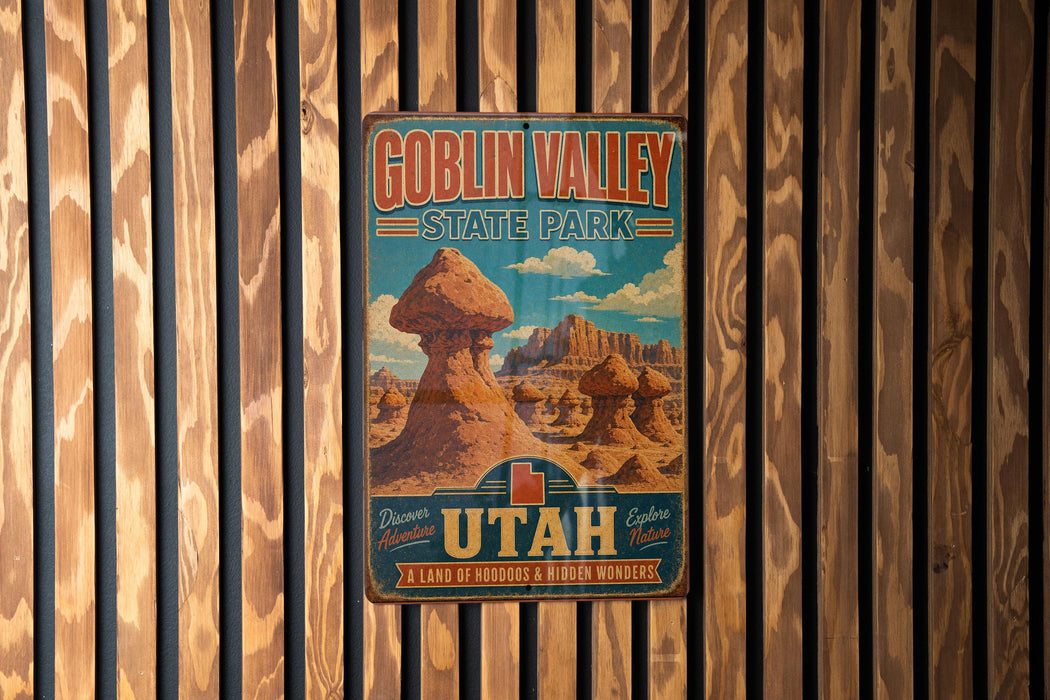 A vintage-style metal sign for Goblin Valley State Park, featuring a desert landscape with a mushroom-shaped formation, mounted on a wooden wall.