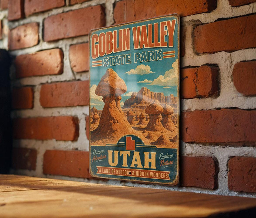 A vintage-style metal sign for Goblin Valley State Park, featuring a desert landscape with rock formations and mountains.