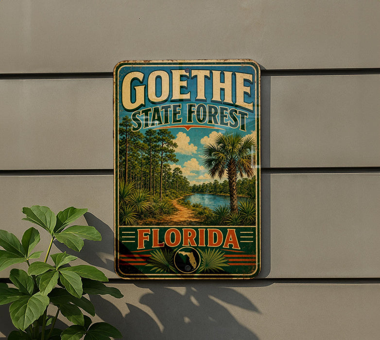 A vintage-style metal sign for Goethe State Forest in Florida, featuring a scenic landscape with palm trees and a river.