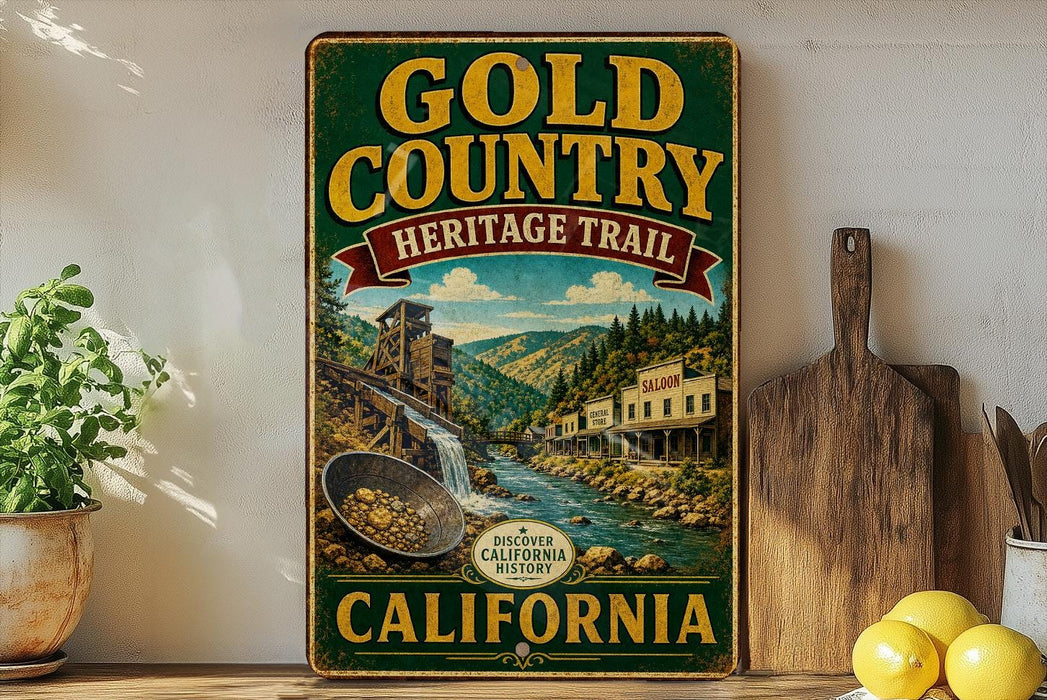 a vintage-style sign for the Gold Country Heritage Trail in California, with a scenic illustration of a river, mountains, and buildings.