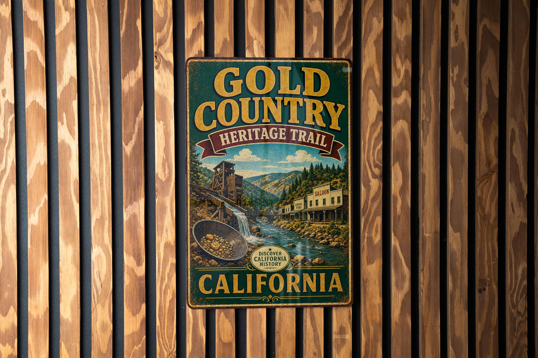 A vintage-style metal sign for the Gold Country Heritage Trail in California, featuring an illustration of a waterfall and a panning gold mine.