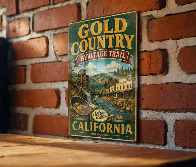 A vintage-style metal sign for the Gold Country Heritage Trail in California, featuring an illustration of a river, buildings, and a waterfall.