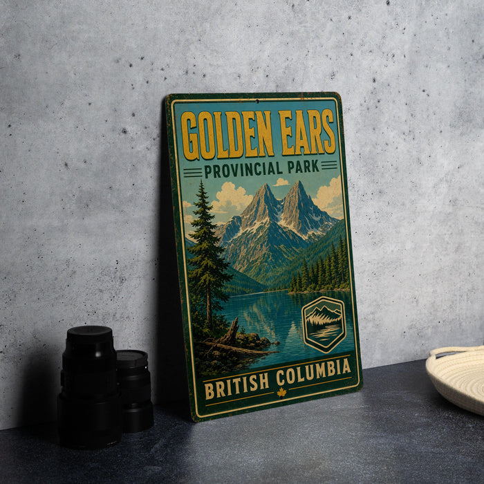 A vintage-style sign for Golden Ears Provincial Park in British Columbia, featuring a mountain landscape and a lake.