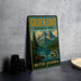 A vintage-style sign for Golden Ears Provincial Park in British Columbia, featuring a mountain landscape and a lake.