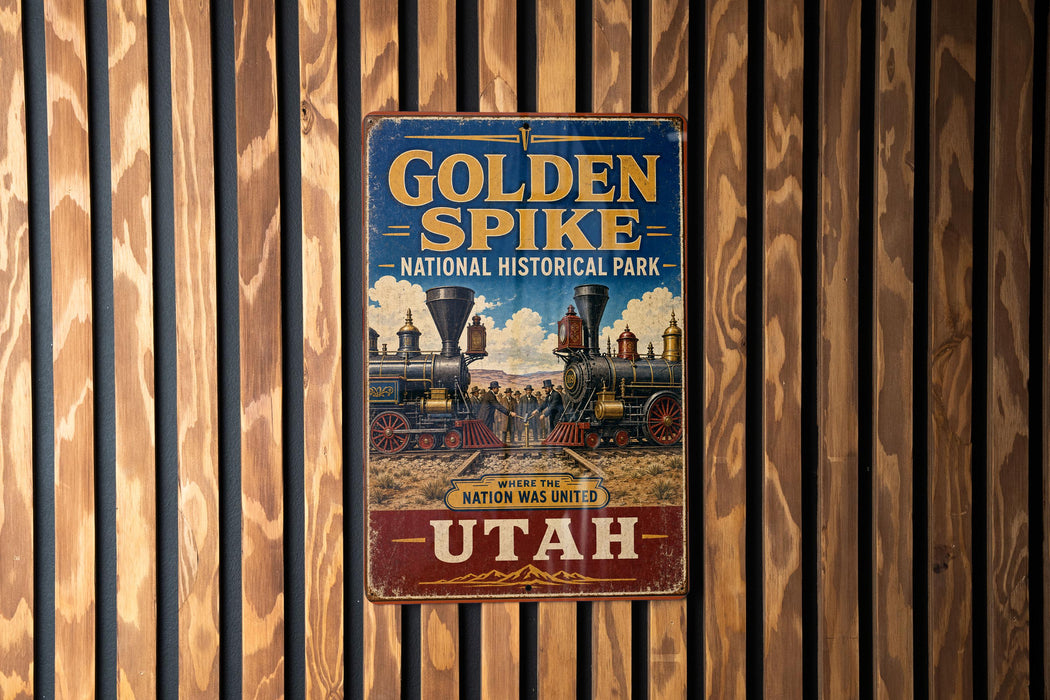 A vintage-style sign for Golden Spike National Historical Park in Utah, featuring an illustration of a train and mountains.