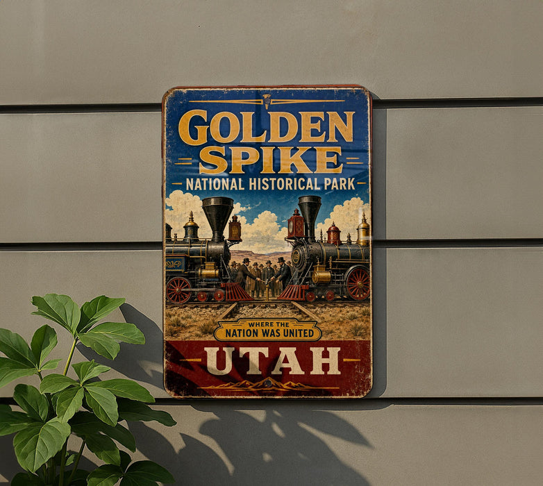 A vintage-style sign for Golden Spike National Historical Park in Utah, featuring an illustration of a steam locomotive and the text "Golden Spike" and "National Historical Park".