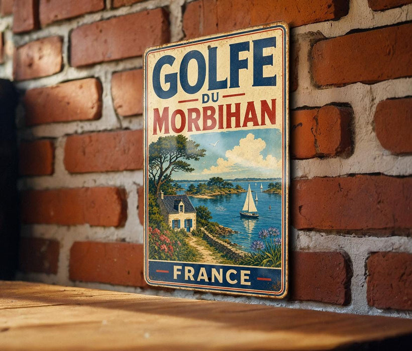 A vintage-style metal sign with the text "GOLFÉ DU MORBIHAN FRANCE" is displayed on a brick wall.