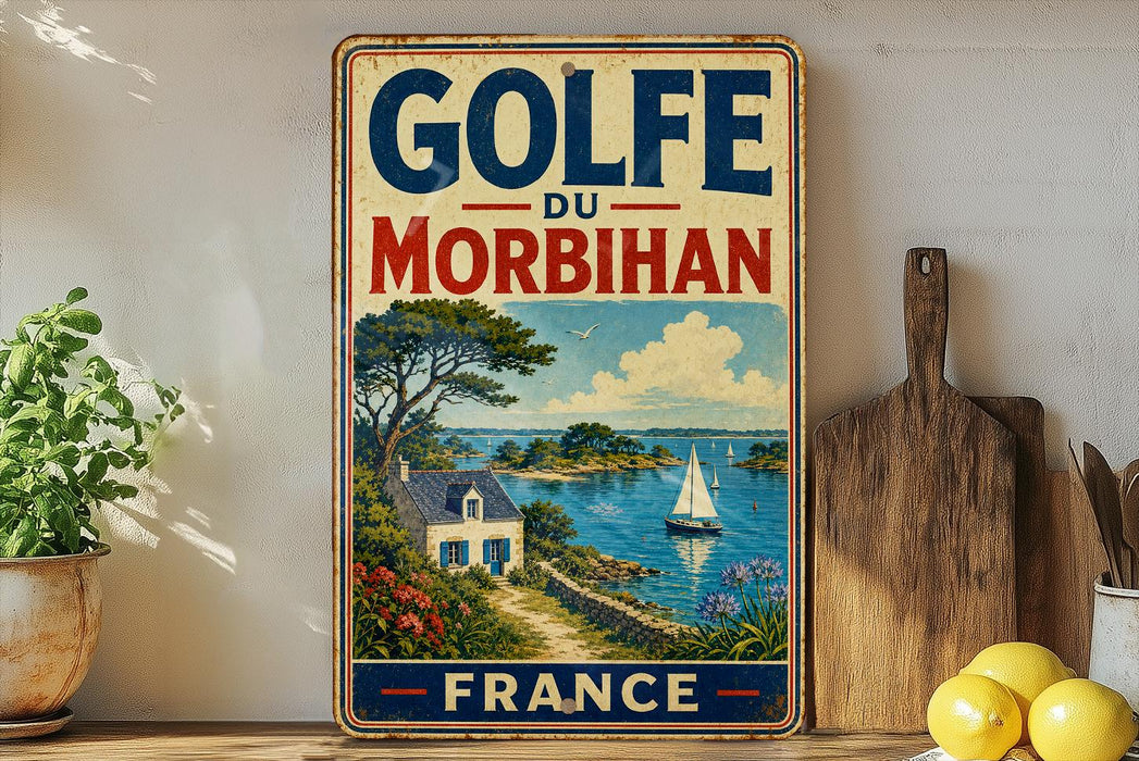 A vintage-style sign for Golfe du Morbihan, a French island, featuring a scenic landscape with a house, sailboat, and blue sky.