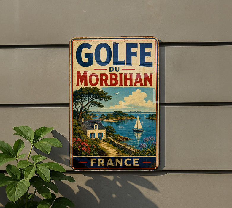 A vintage-style metal sign with the text "GOLFÉ DU MORBIHAN FRANCE" displayed on a wall, featuring a scenic landscape with a sailboat and a house.