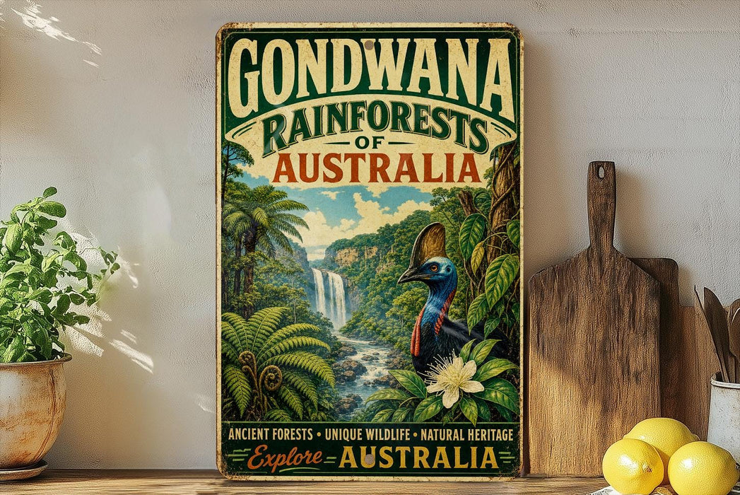 A vintage-style poster advertising the Gondwana Rainforests of Australia, featuring a tropical landscape with a waterfall and various wildlife.