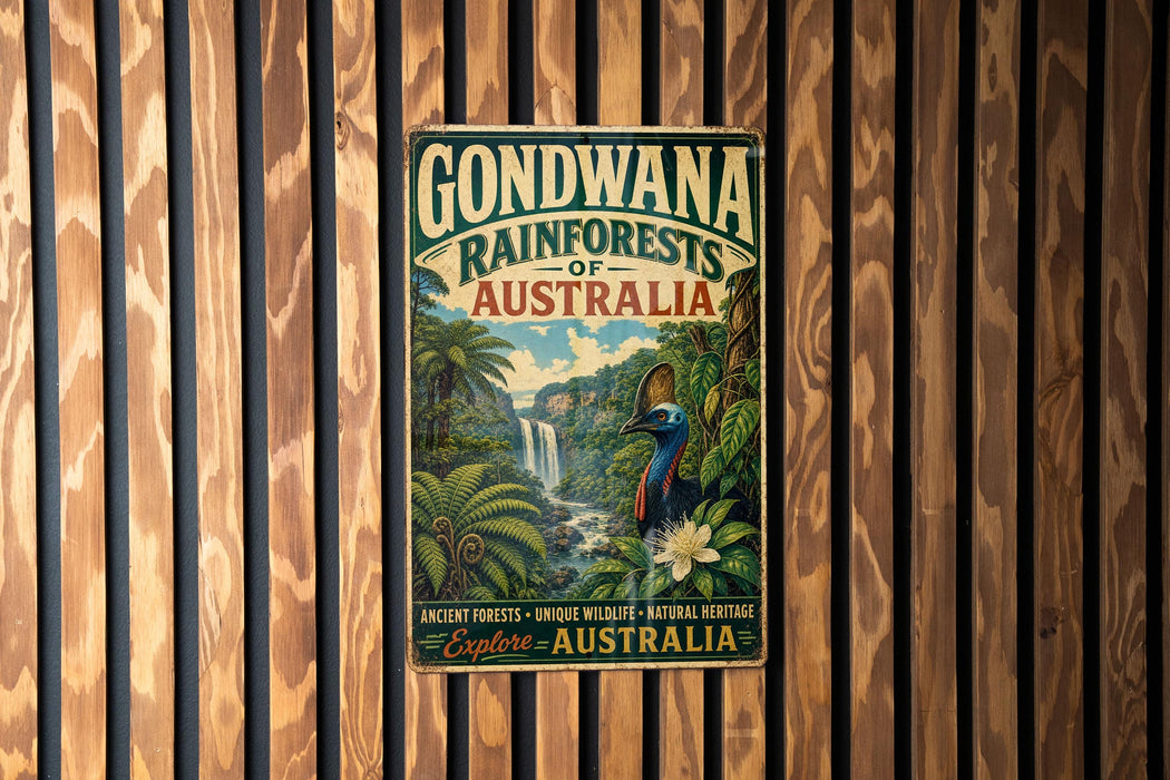 A vintage-style sign for the Gondwana Rainforests of Australia, featuring a tropical landscape with palm trees, a waterfall, and a bird.