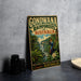 A vintage-style sign advertising the rainforests of Australia, featuring a tropical landscape with a waterfall and various wildlife.