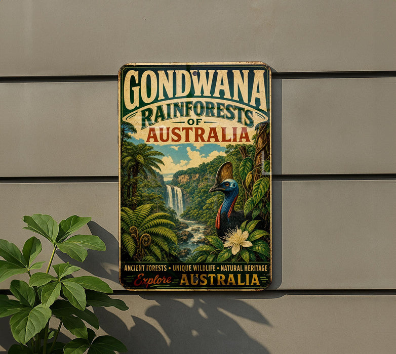 A vintage-style metal sign advertising the Gondwana Rainforests of Australia, featuring a tropical landscape with a waterfall and various wildlife.