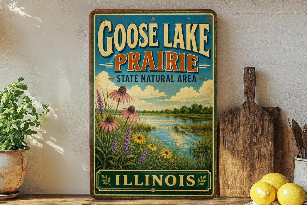 A vintage-style sign for Goose Lake Prairie, Illinois, featuring a scenic landscape with flowers and a lake.