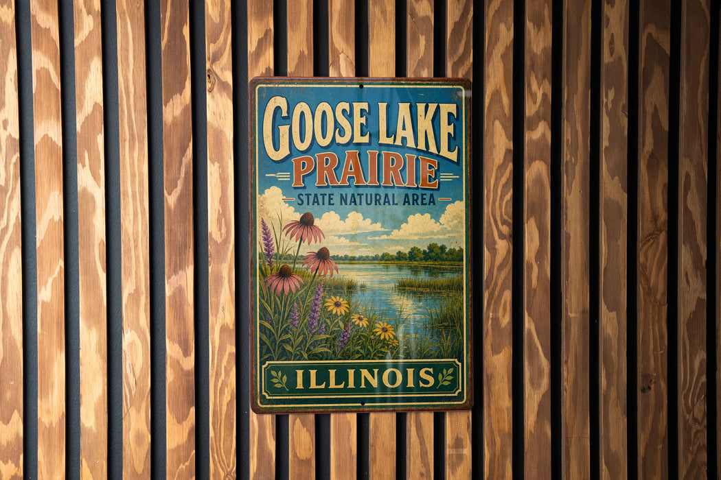 A vintage-style sign for Goose Lake Prairie, Illinois, featuring a scenic landscape with flowers and a lake.