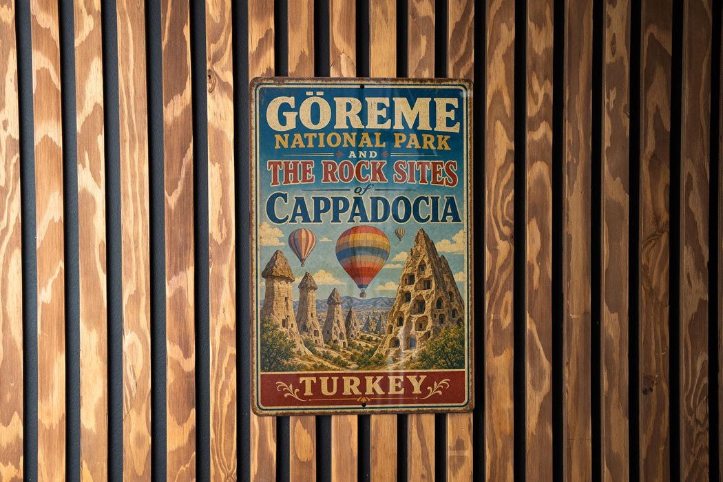 A vintage-style metal sign for the Görme National Park and the Rock Sites of Cappadocia, Turkey, featuring a hot air balloon and a castle-like structure.