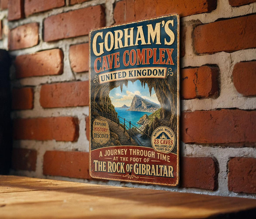 A vintage-style metal sign advertising Gorham's Cave Complex, United Kingdom, featuring a scenic illustration of the cave system and a message about the cave's natural wonder.