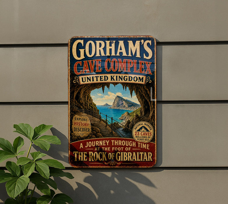 A vintage-style metal sign for Gorham's Cave Complex in United Kingdom, featuring a scenic image of the cave and a path leading through it.