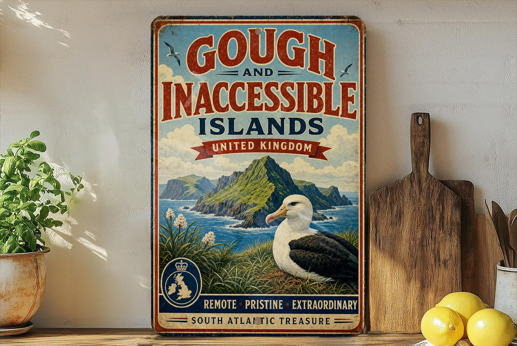 A vintage-style sign advertising the "Gough and Inaccessible Islands" in the United Kingdom, featuring a scenic illustration of the islands and a bird.