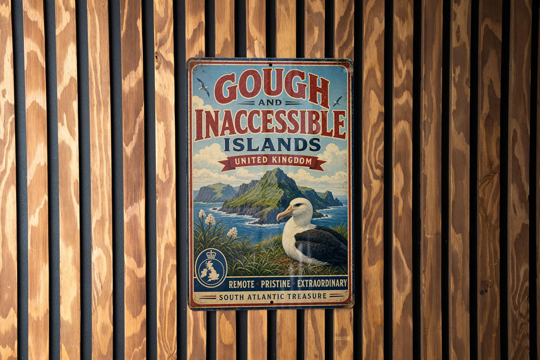 a vintage-style sign with a bird and a scenic background, mounted on a wooden wall.