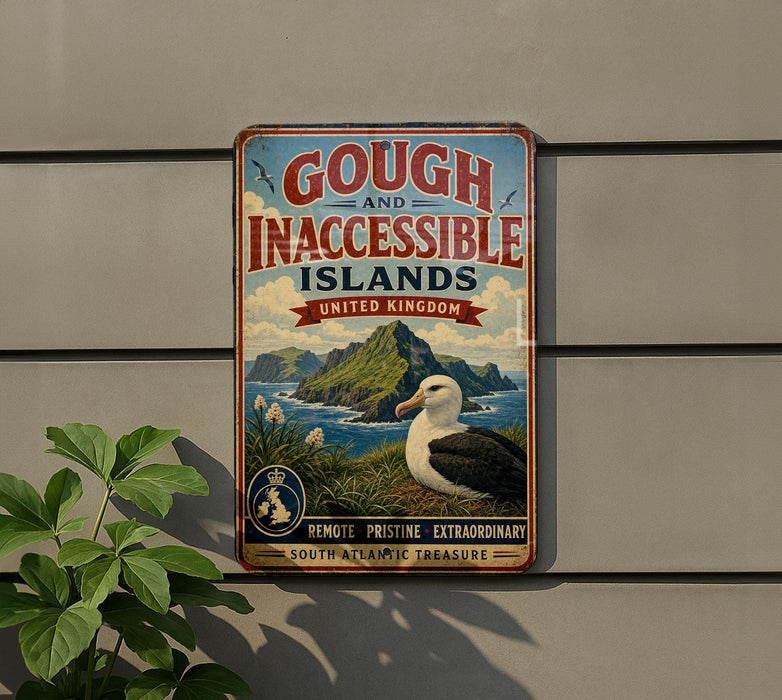 a vintage-style sign advertising the "Gough and Inaccessible Islands United Kingdom" with a bird illustration.