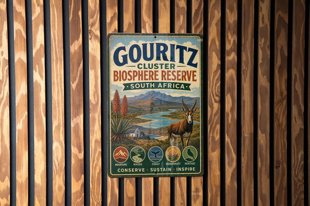 A metal sign with a vintage-style illustration of a landscape, featuring a gazelle, mountains, and a river, mounted on a wooden wall.
