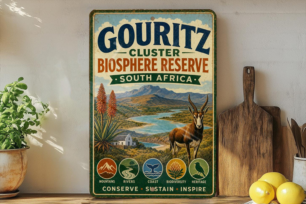A vintage-style metal sign advertising the Gouritz Cluster Biosphere Reserve in South Africa, featuring a scenic landscape with mountains, a river, and a gazelle.