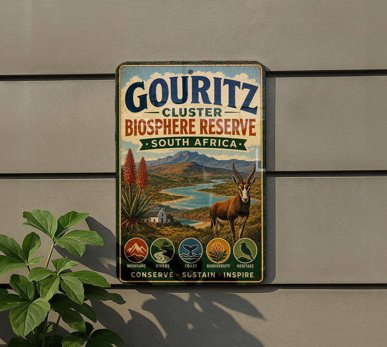 A vintage metal sign advertising the Gouritz Cluster Biosphere Reserve in South Africa, featuring a scenic landscape with mountains, rivers, and wildlife.