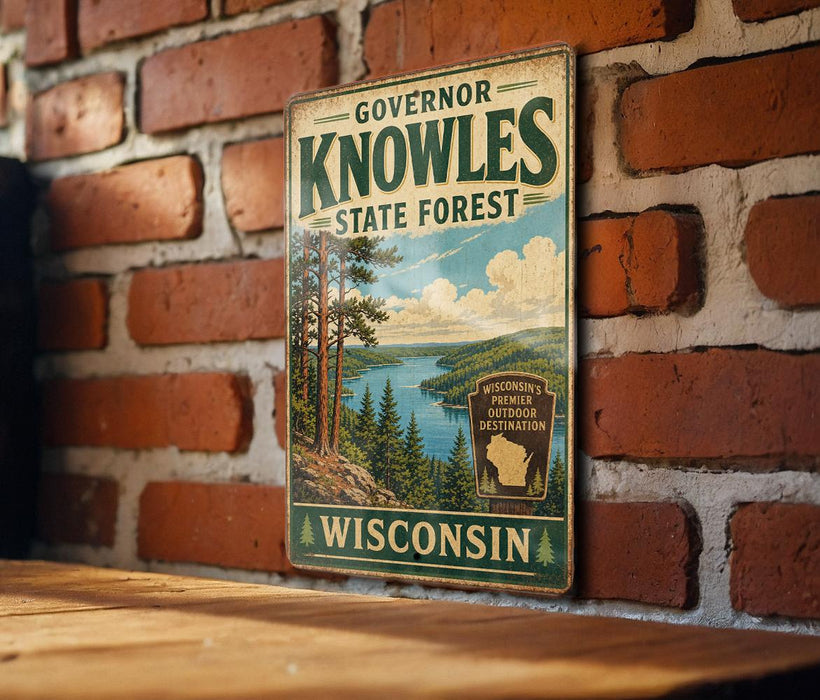 A vintage-style metal sign for Governor Knowles State Forest in Wisconsin, featuring a scenic landscape with pine trees and a lake.