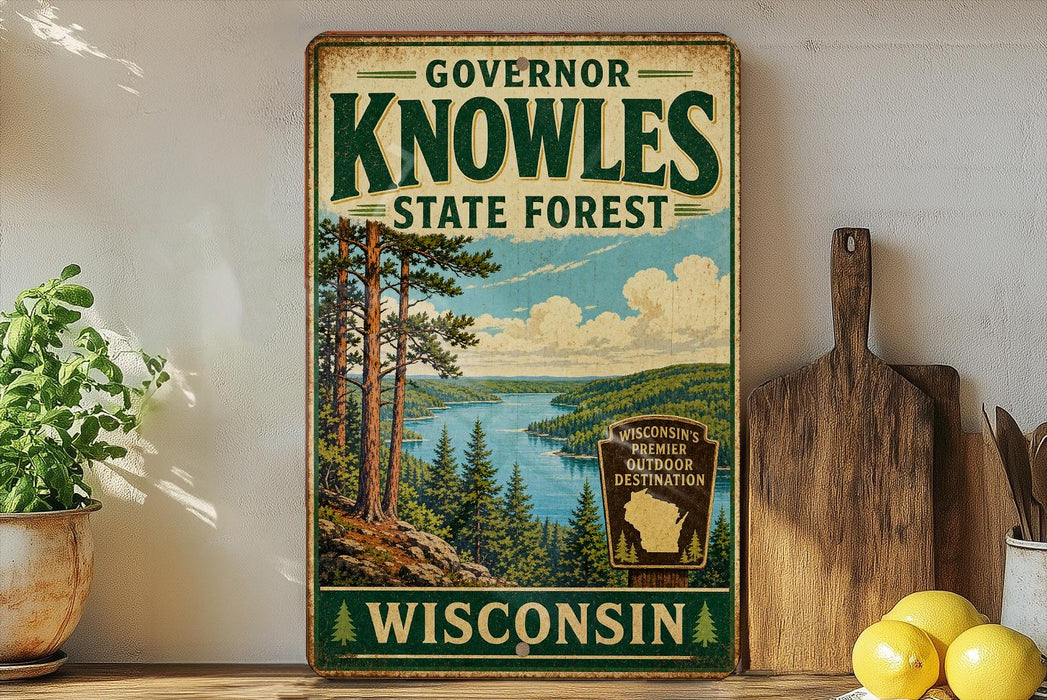A vintage-style sign for Governor Knowles State Forest in Wisconsin, featuring a scenic landscape with pine trees, a lake, and mountains.