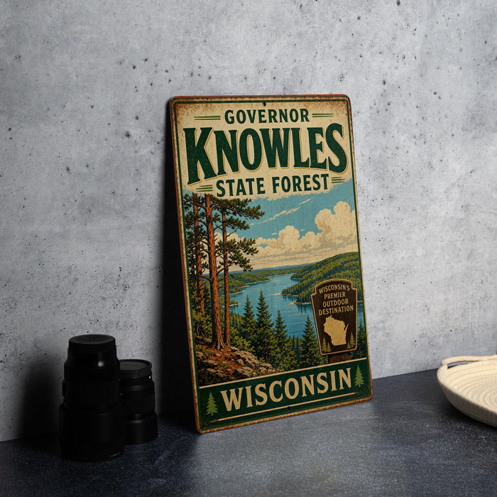 A vintage-style metal sign for Governor Knowles State Forest in Wisconsin, featuring a scenic landscape with pine trees and a lake.