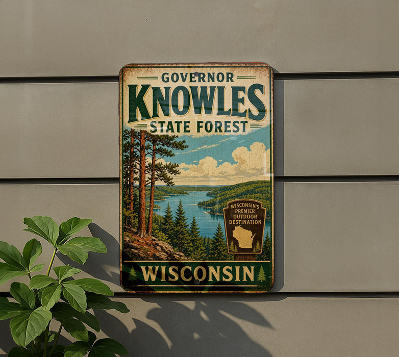 A vintage-style sign for Wisconsin's state forest, featuring a scenic landscape with pine trees, a lake, and mountains.