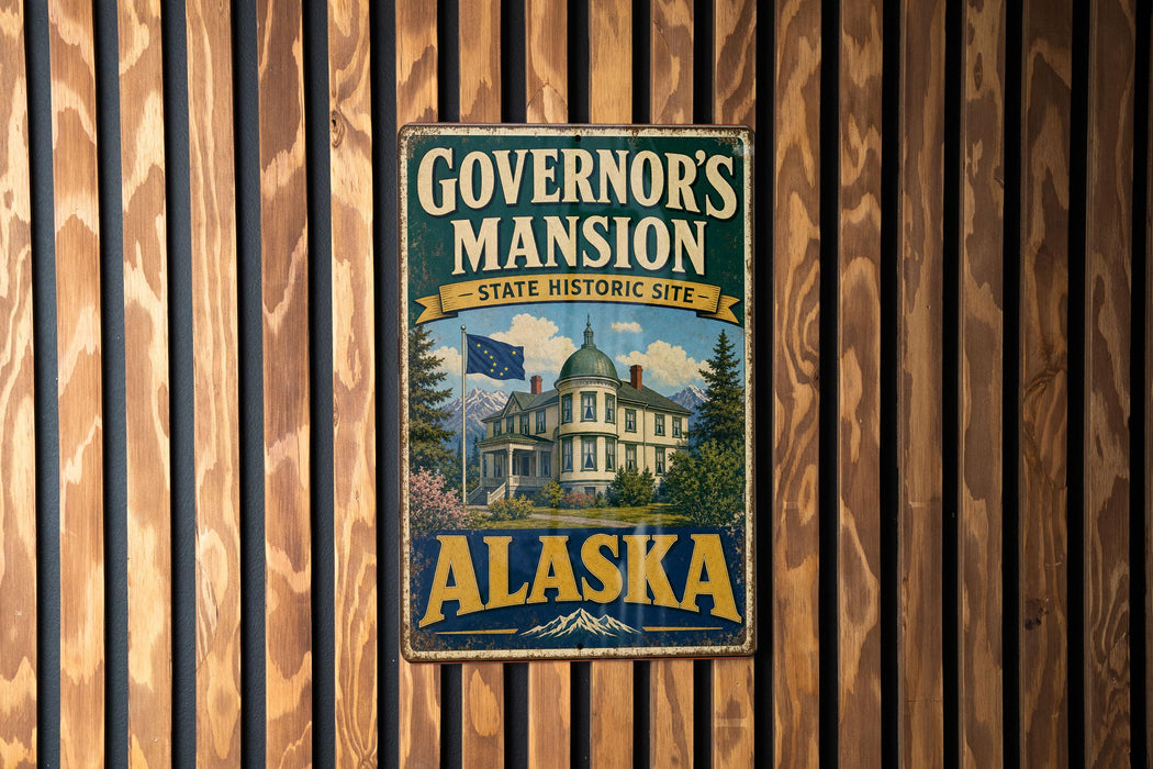 A vintage metal sign for Governor's mansion in Alaska, featuring a large building and a flag.