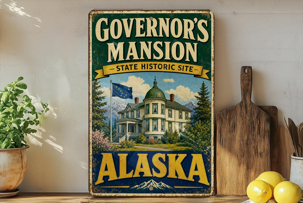 A vintage-style metal sign for Governor's mansion in Alaska, featuring a large image of the mansion and the state's flag.