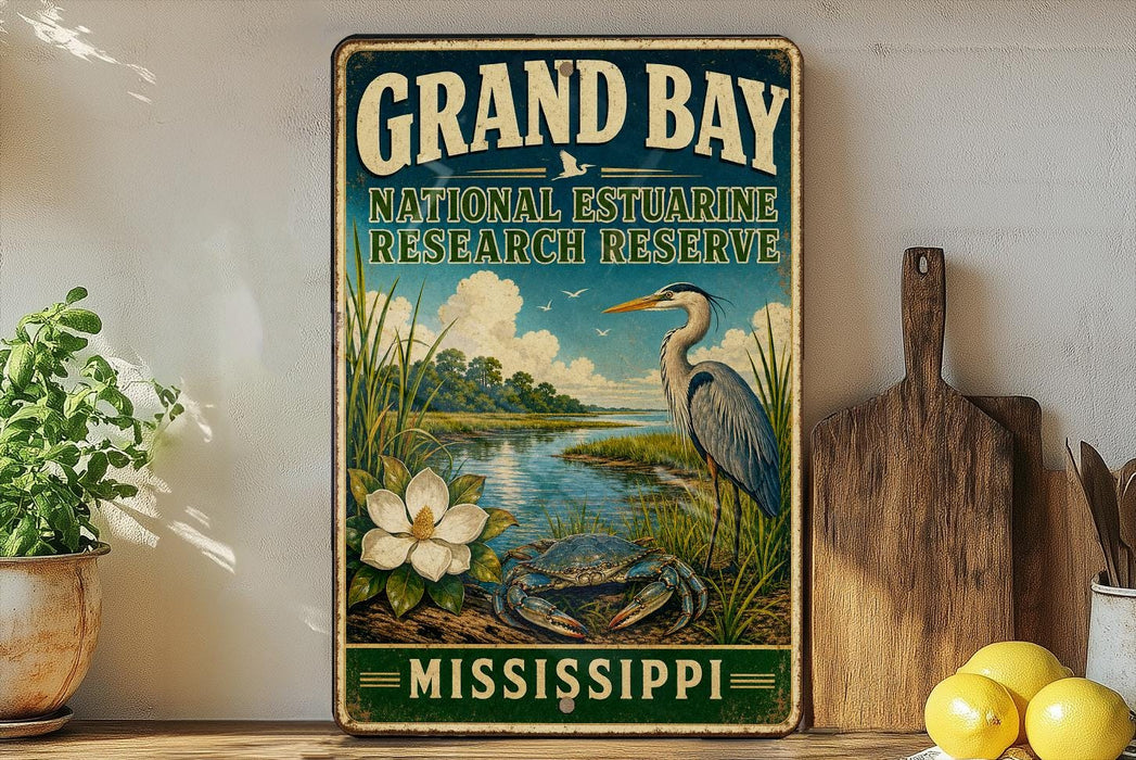 A vintage-style metal sign for the Grand Bay National Estuarine Research Reserve in Mississippi, featuring an illustration of a heron, a crab, and a flower.