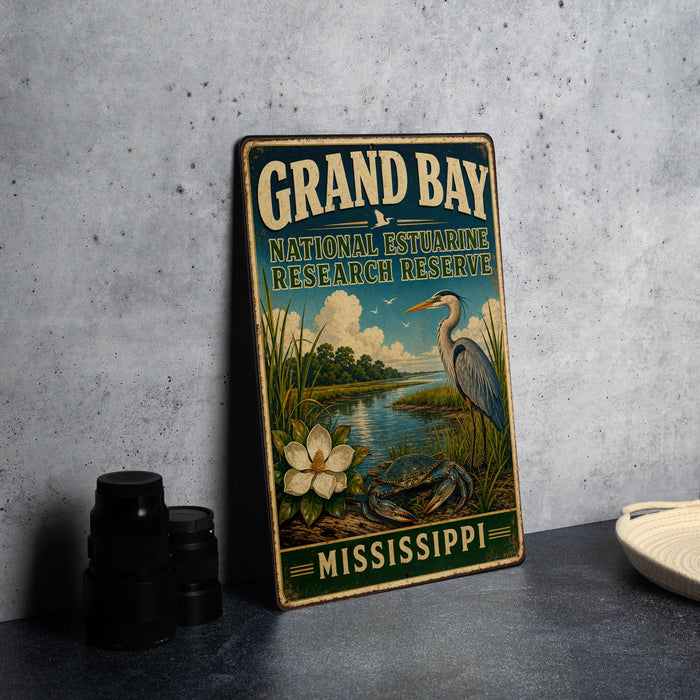 A vintage-style metal sign for the Grand Bay National Estuarine Research Reserve in Mississippi, featuring an illustration of a bird, flowers, and a body of water.