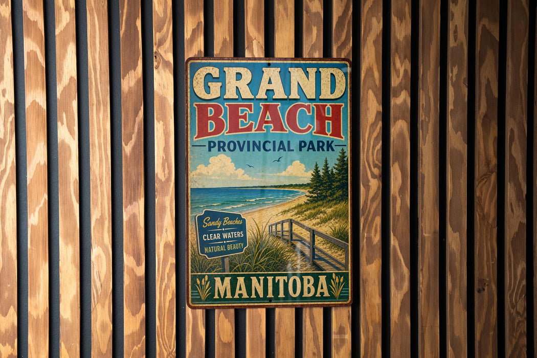 A vintage metal sign for Grand Beach Provincial Park in Manitoba, Canada, featuring a scenic beach landscape with a wooden fence in the background.