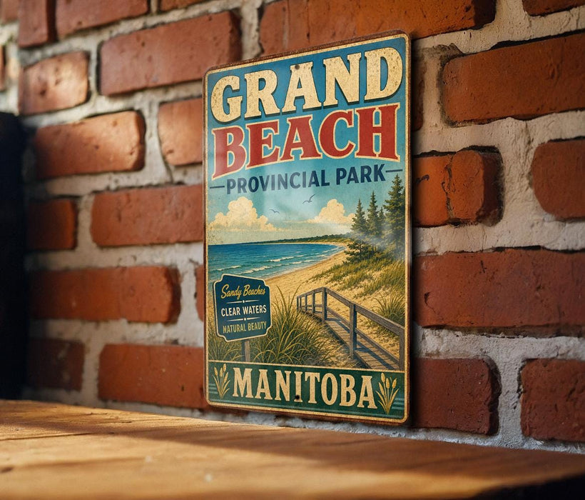 A vintage-style metal sign for Grand Beach Provincial Park in Manitoba, Canada, featuring a scenic beach landscape with a wooden walkway leading to the beach.