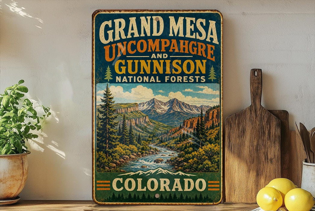 A vintage-style sign for Grand Mesa, Uncompahgre, and Gunnison National Forests in Colorado, featuring a scenic mountain landscape.