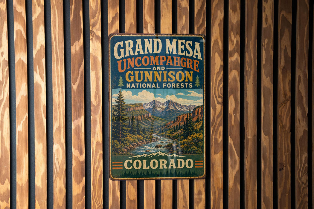 A vintage metal sign for Grand Mesa, Colorado, featuring a scenic mountain landscape with a river and pine trees.