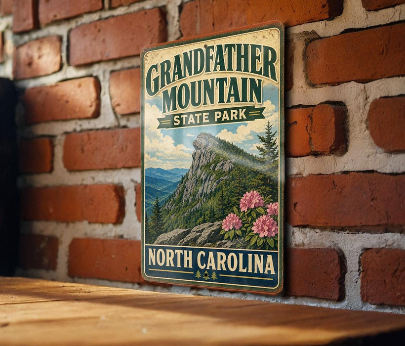 A vintage-style metal sign for Grandfather Mountain State Park in North Carolina, featuring a mountain landscape with pink flowers.
