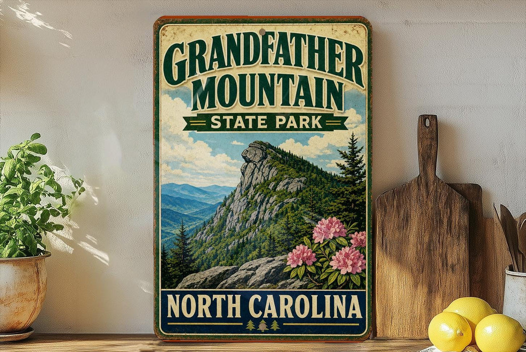 A vintage-style sign for Grandfather Mountain State Park in North Carolina, featuring a mountain landscape with pine trees and pink flowers.