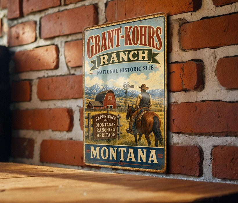 A vintage-style sign for Grant-Kohrs Ranch, a historic ranch in Montana, featuring a cowboy on horseback and a red barn in the background.